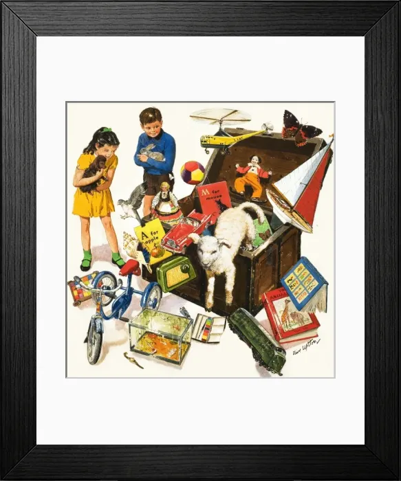 Framed Print : The Treasure trove: a trunk bursts open releasing toys, book Framed Print : The Treasure trove: a trunk bursts open releasing toys, book