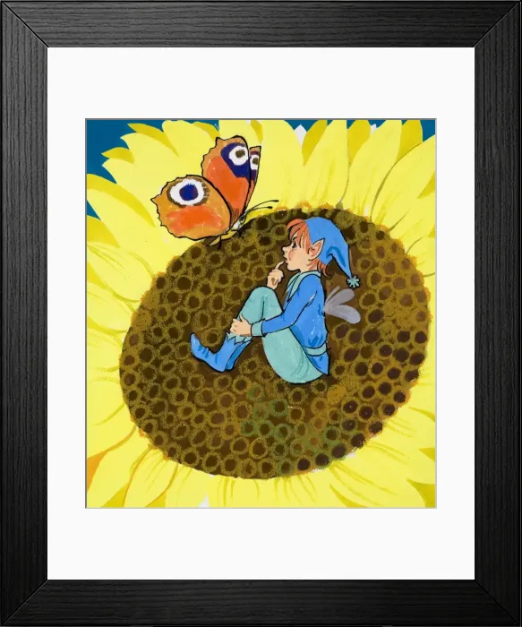 Framed Print : Fairy and butterfly on sun flower Framed Print : Fairy and butterfly on sun flower