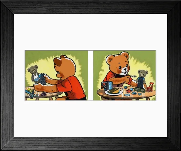 Framed Print : Dressing and feeding teddy Framed Print : Dressing and feeding teddy