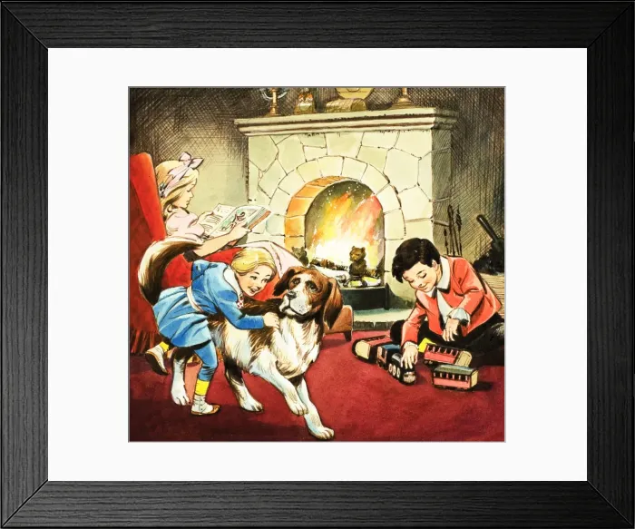 Framed Print : Children playing in front of a roaring fire Framed Print : Children playing in front of a roaring fire