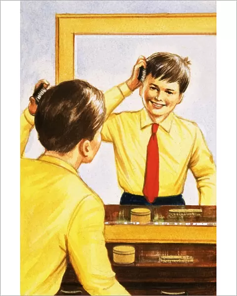 Boy brushing his hair in a mirror backed with a thin layer o