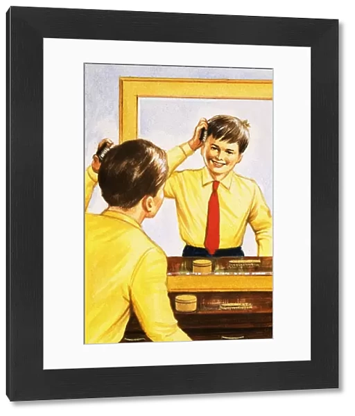 Boy brushing his hair in a mirror backed with a thin layer o