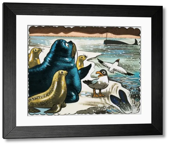 Framed Print : Walrus and gulls looking at whale Framed Print : Walrus and gulls looking at whale