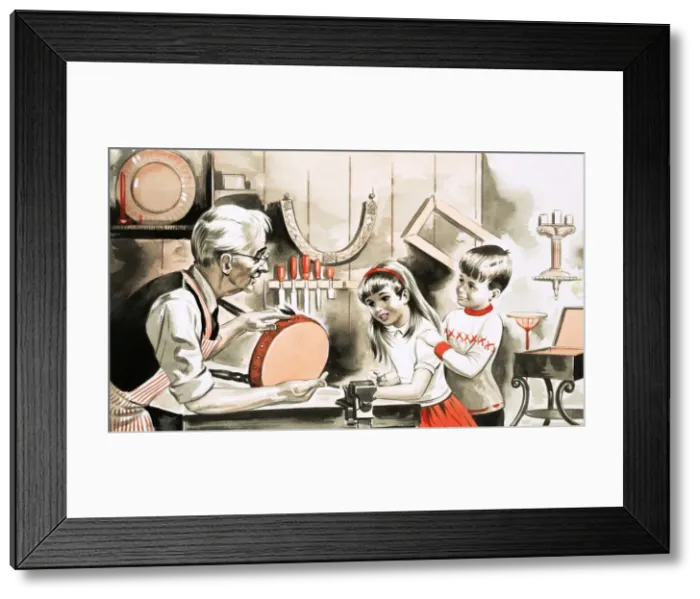 Framed Print : Children with furniture restorer Framed Print : Children with furniture restorer