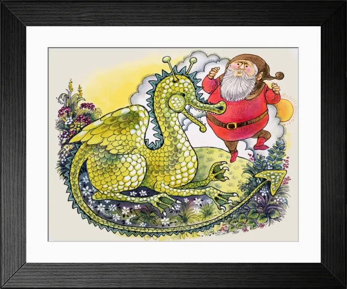 Framed Print : Dragon with plump bearded man Framed Print : Dragon with plump bearded man