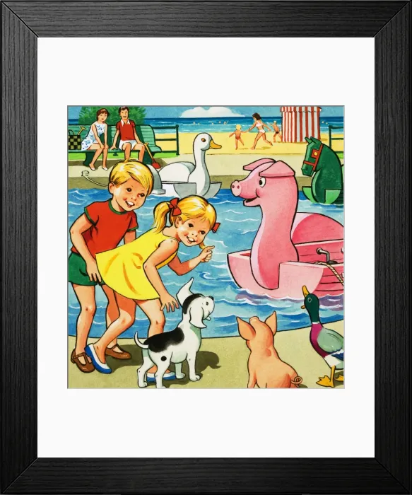 Framed Print : Children and farmyard animals besides pedalo pond Framed Print : Children and farmyard animals besides pedalo pond