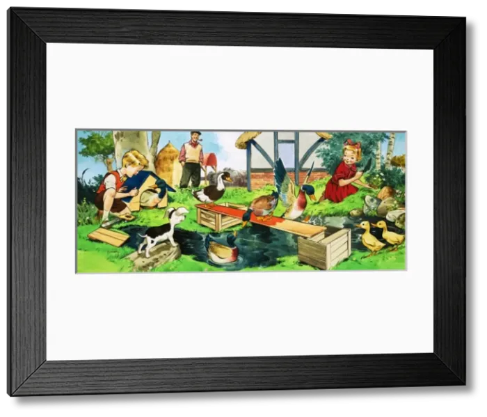 Framed Print : Children and ducks playing Framed Print : Children and ducks playing