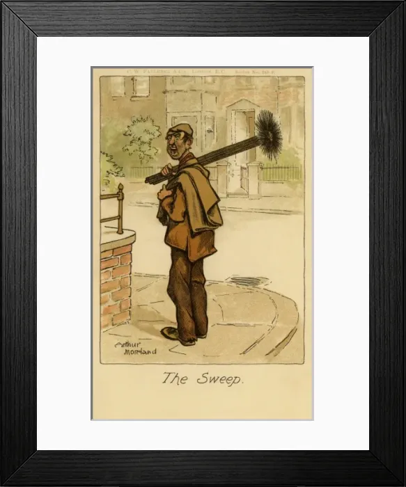 Framed Print : The Sweep. A sweep walking the streets shouting for custom Date: 1903 Framed Print : The Sweep. A sweep walking the streets shouting for custom Date: 1903