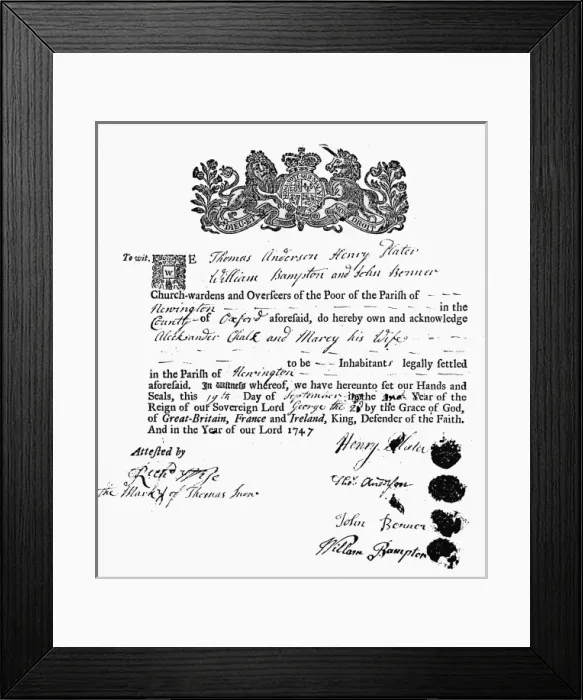 Framed Print : Settlement Certificate from Newington, Oxfordshire Framed Print : Settlement Certificate from Newington, Oxfordshire