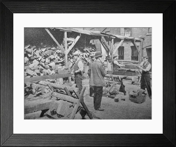Framed Print : Men Cutting Wood at a Church Army Relief Depot Framed Print : Men Cutting Wood at a Church Army Relief Depot