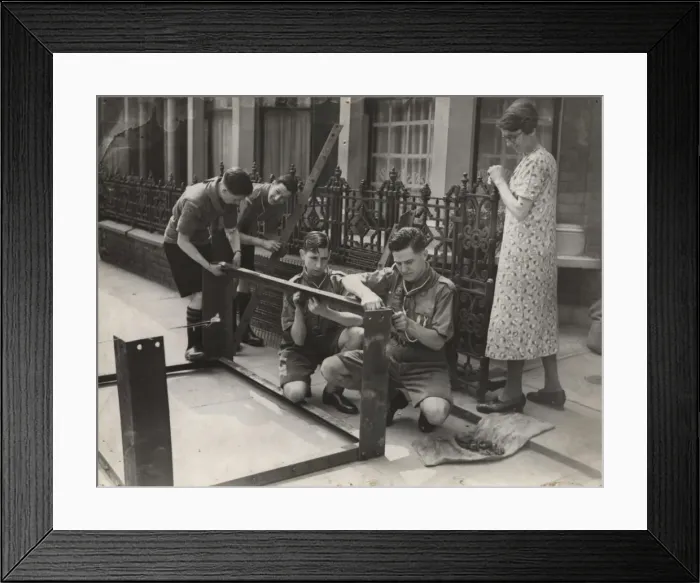 Framed Print : Scouts erecting a Morrison shelter Framed Print : Scouts erecting a Morrison shelter