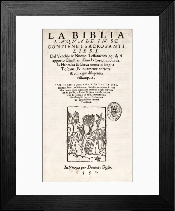 Framed Print : Title page from an Italian Bible with woodcut depicting St J Framed Print : Title page from an Italian Bible with woodcut depicting St J