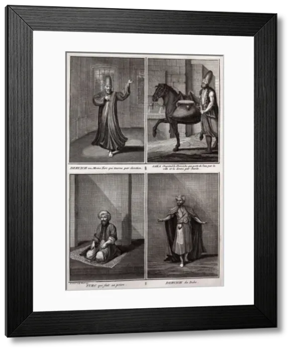 Framed Print : Three depictions of Dervishes and one of a Turk at prayer Framed Print : Three depictions of Dervishes and one of a Turk at prayer