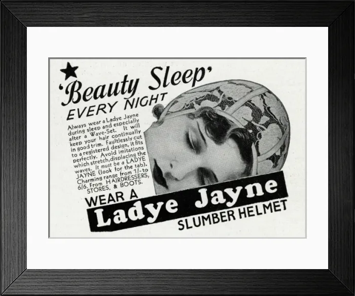 Framed Print : Advert for Ladye Jayne slumber helmet 1934 Framed Print : Advert for Ladye Jayne slumber helmet 1934