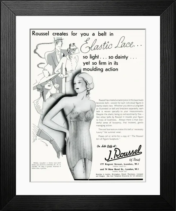 Framed Print : Advert for J. Roussel lingerie with elastic lace belt 1936 Framed Print : Advert for J. Roussel lingerie with elastic lace belt 1936