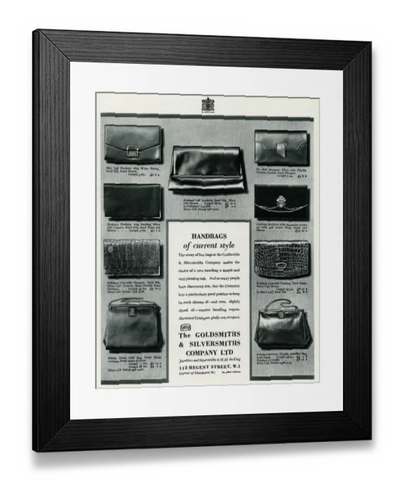 Framed Print : Advert for Handbags at The Goldsmiths & Silversmiths Company Framed Print : Advert for Handbags at The Goldsmiths & Silversmiths Company