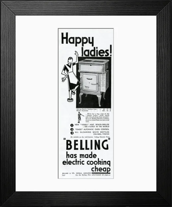 Framed Print : Advert for electric cookers by Belling 1931 Framed Print : Advert for electric cookers by Belling 1931