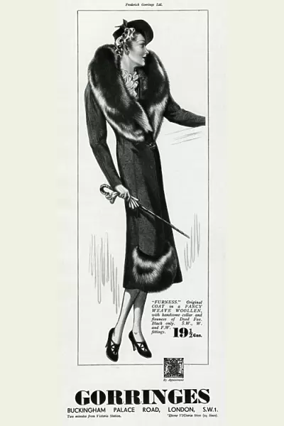 Advert for Gorringes womens dyed fox collar coat 1937