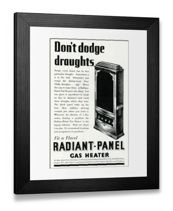 Framed Print : Advert for Flavel radiant-panel gas heater 1938 Framed Print : Advert for Flavel radiant-panel gas heater 1938