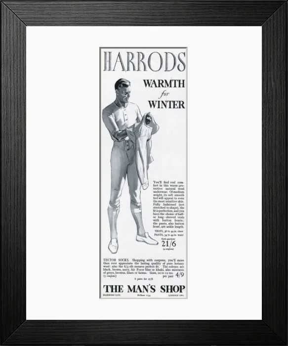 Framed Print : Advert for Harrods mens protective wool underwear 1941 Framed Print : Advert for Harrods mens protective wool underwear 1941