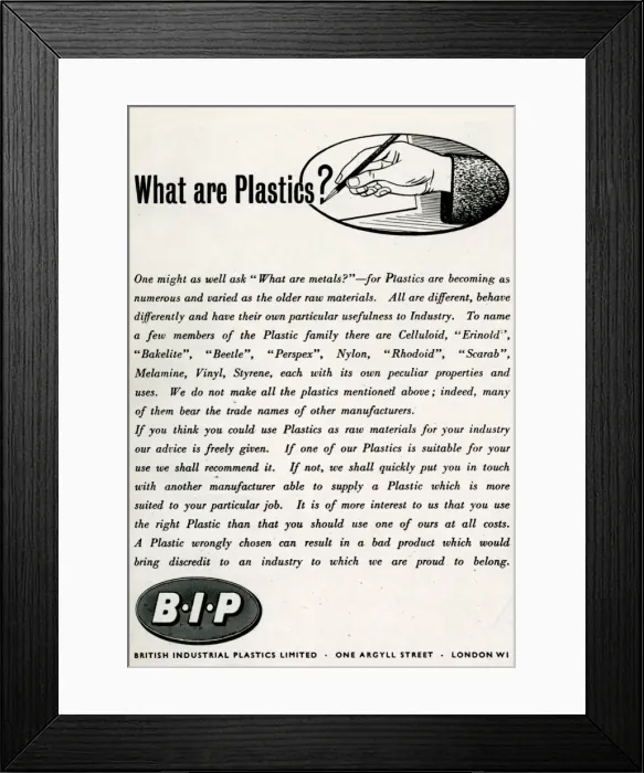 Framed Print : Advert for British Industrial Plastic Limited 1943 Framed Print : Advert for British Industrial Plastic Limited 1943