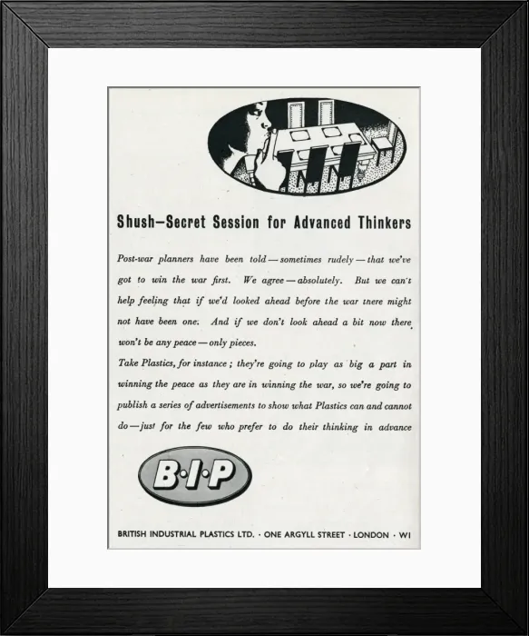 Framed Print : Advert for British Industrial Plastic Limited 1942 Framed Print : Advert for British Industrial Plastic Limited 1942