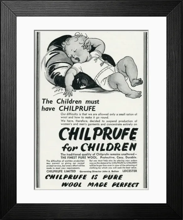 Framed Print : Advert for Chilprufe wool underwear for children 1941 Framed Print : Advert for Chilprufe wool underwear for children 1941
