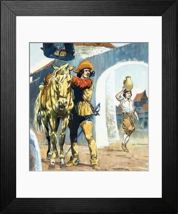 Framed Print : Unidentified picture of cavalier outside an inn with horse Framed Print : Unidentified picture of cavalier outside an inn with horse