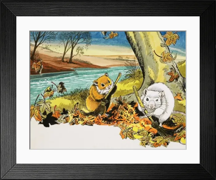 Framed Print : Unidentified scene of mice sweeping autumn leaves Framed Print : Unidentified scene of mice sweeping autumn leaves