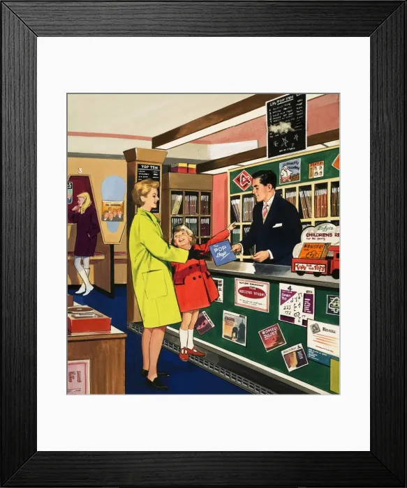 Framed Print : Record shop assistant