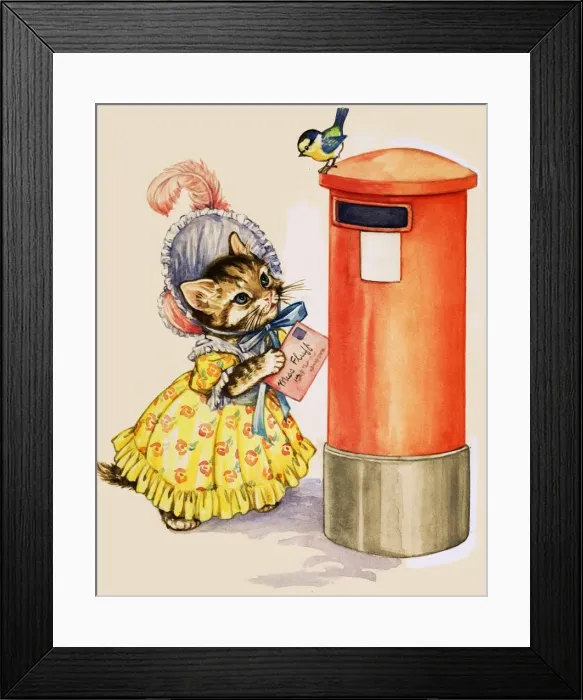 Framed Print : Cat in a bonnet posting a letter at a letter box Framed Print : Cat in a bonnet posting a letter at a letter box