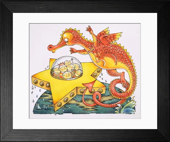 Framed Print : Dragon circling star-shaped spaceship Framed Print : Dragon circling star-shaped spaceship