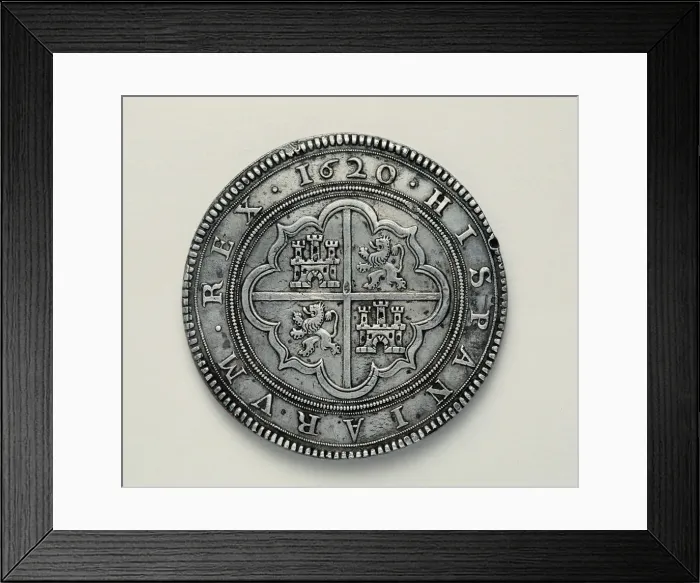 Framed Print : CincuentѮor fifty reales coin minted in Segovia in times o Framed Print : CincuentѮor fifty reales coin minted in Segovia in times o