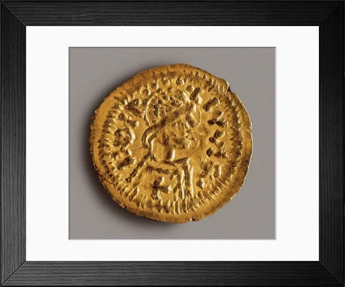 Framed Print : Spanish-Visigothic triente (gold coin) minted in Seville wit Framed Print : Spanish-Visigothic triente (gold coin) minted in Seville wit