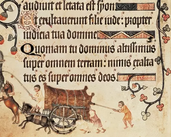 Luttrell Psalter. 14th c. Blocked cart pulled