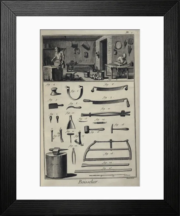Framed Print : Tools and Carpenters making a bucket and a bellows Framed Print : Tools and Carpenters making a bucket and a bellows