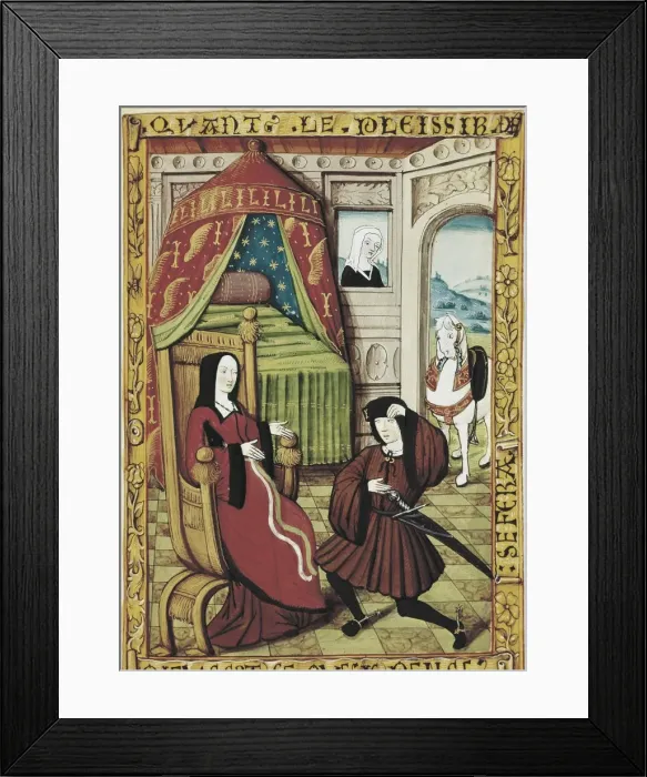 Framed Print : Ms. n1475, 12r. (1475). Knight visiting a lady Framed Print : Ms. n1475, 12r. (1475). Knight visiting a lady