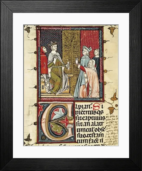 Framed Print : A couple claims justice before the king (14th c Framed Print : A couple claims justice before the king (14th c