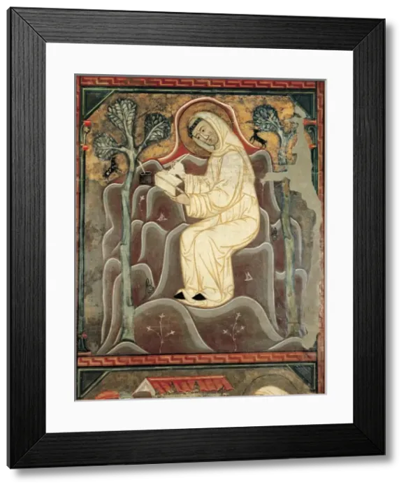Framed Print : St. Saint Bernard writing. Romanesque art. Tempera on wood Framed Print : St. Saint Bernard writing. Romanesque art. Tempera on wood