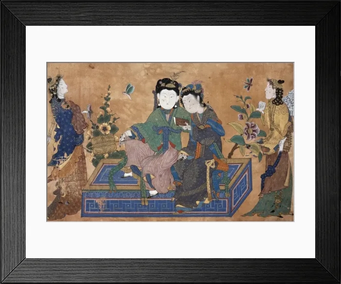 Framed Print : Young lady seated in a couch, surrounded by his Framed Print : Young lady seated in a couch, surrounded by his