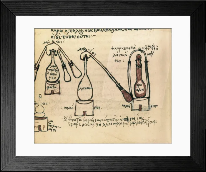 Framed Print : Retorts and stills. Drawing from a Greek manuscript Framed Print : Retorts and stills. Drawing from a Greek manuscript