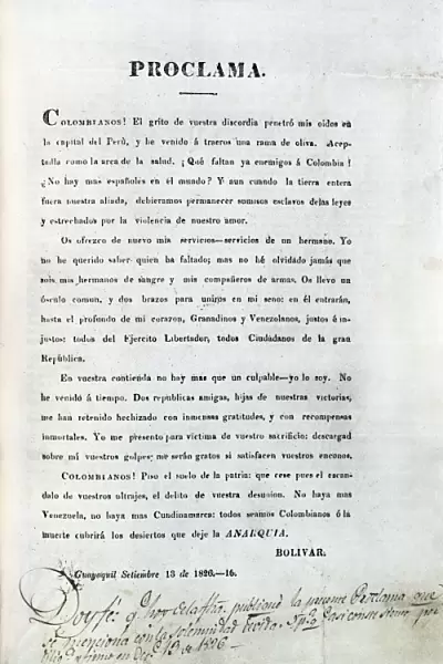 Independence of Colombia. Leaflet with a proclaim