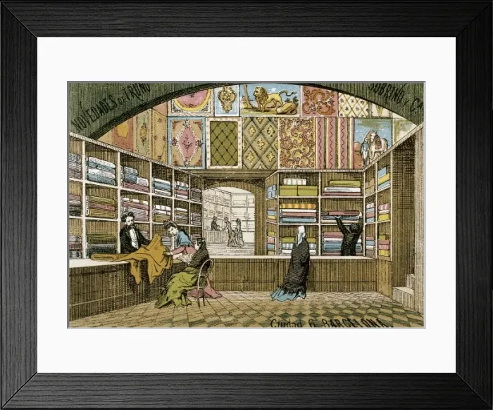 Framed Print : Barcelona (19th c. ). Fabric shop of Sobrino y Framed Print : Barcelona (19th c. ). Fabric shop of Sobrino y
