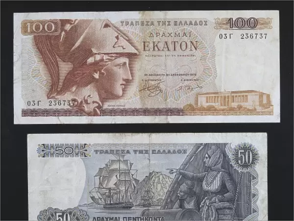 100 and 50 drachmas bills, Greece. Coin