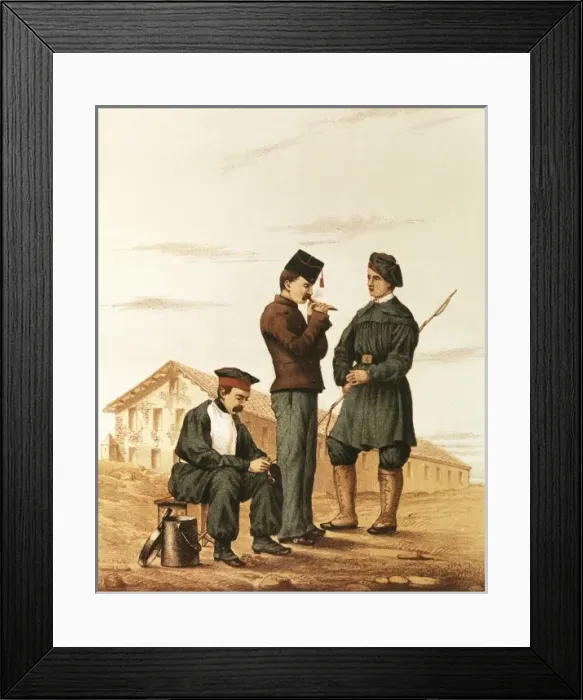 Framed Print : Spain (1853). Infantry soldiers and mess assistent Framed Print : Spain (1853). Infantry soldiers and mess assistent