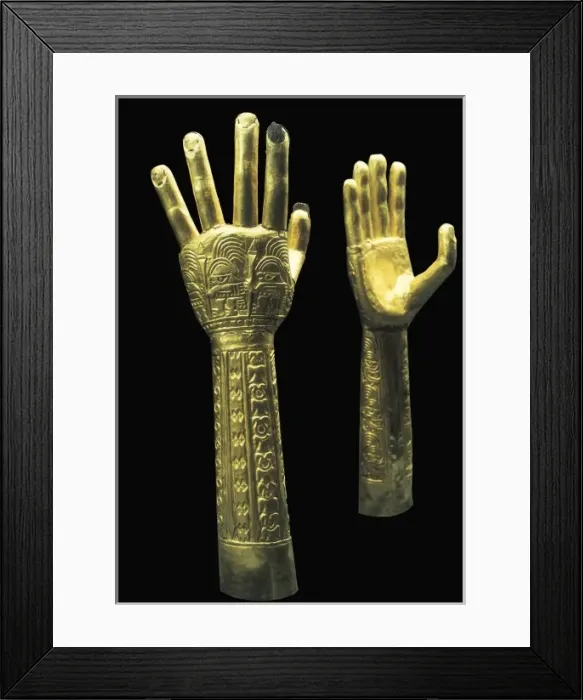 Framed Print : Ceremonial gold hands with embossed decoration Framed Print : Ceremonial gold hands with embossed decoration