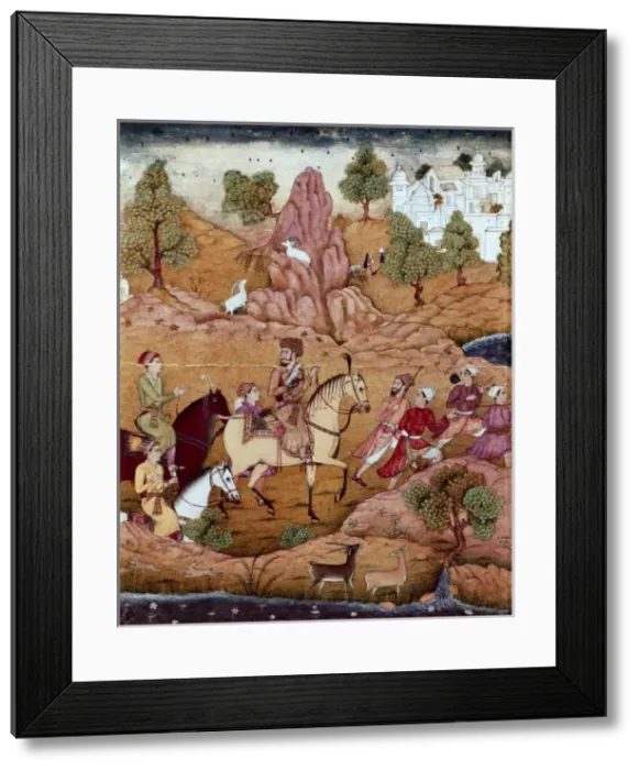 Framed Print : Emperor Humayun hunting. beg. 17th c. Vellum Framed Print : Emperor Humayun hunting. beg. 17th c. Vellum
