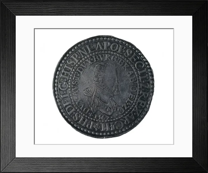 Framed Print : Coin with portrait of king Philip II of Spain