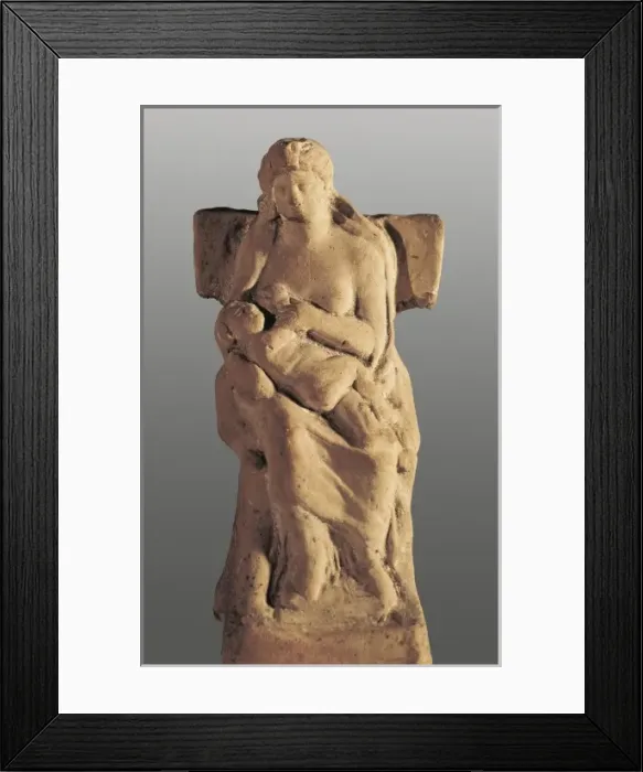 Framed Print : Seated Woman wirh Child. Clay figure. Greek art Framed Print : Seated Woman wirh Child. Clay figure. Greek art