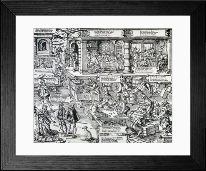 Framed Print : Bank, Economy and Trade, German engraving of Framed Print : Bank, Economy and Trade, German engraving of